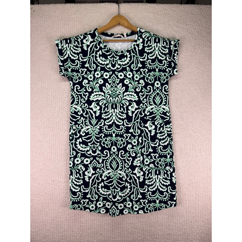 Soft Surroundings Fina French Terry Dress Blue/Green‎ Floral Short Sleeve Size S